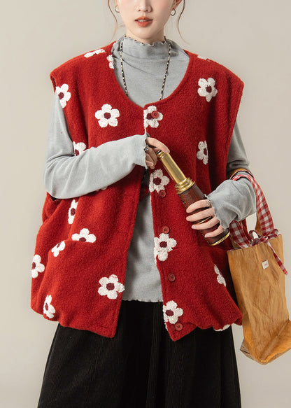 Chaleco de algodón con estampado floral rojo de gran tamaño para mujer para invierno