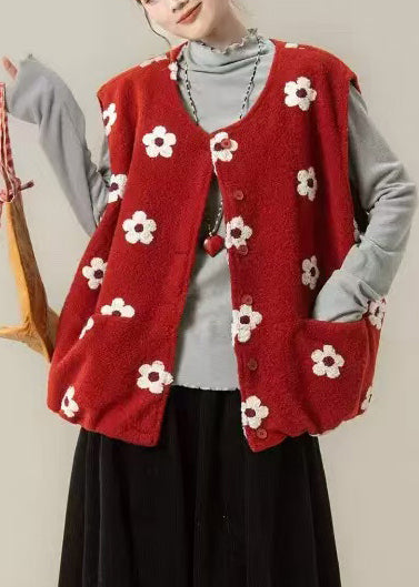 Chaleco de algodón con estampado floral rojo de gran tamaño para mujer para invierno