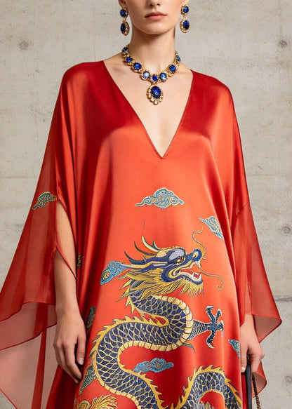 Women Red Oversized Print Silk Vacation Dresses Batwing Sleeve
