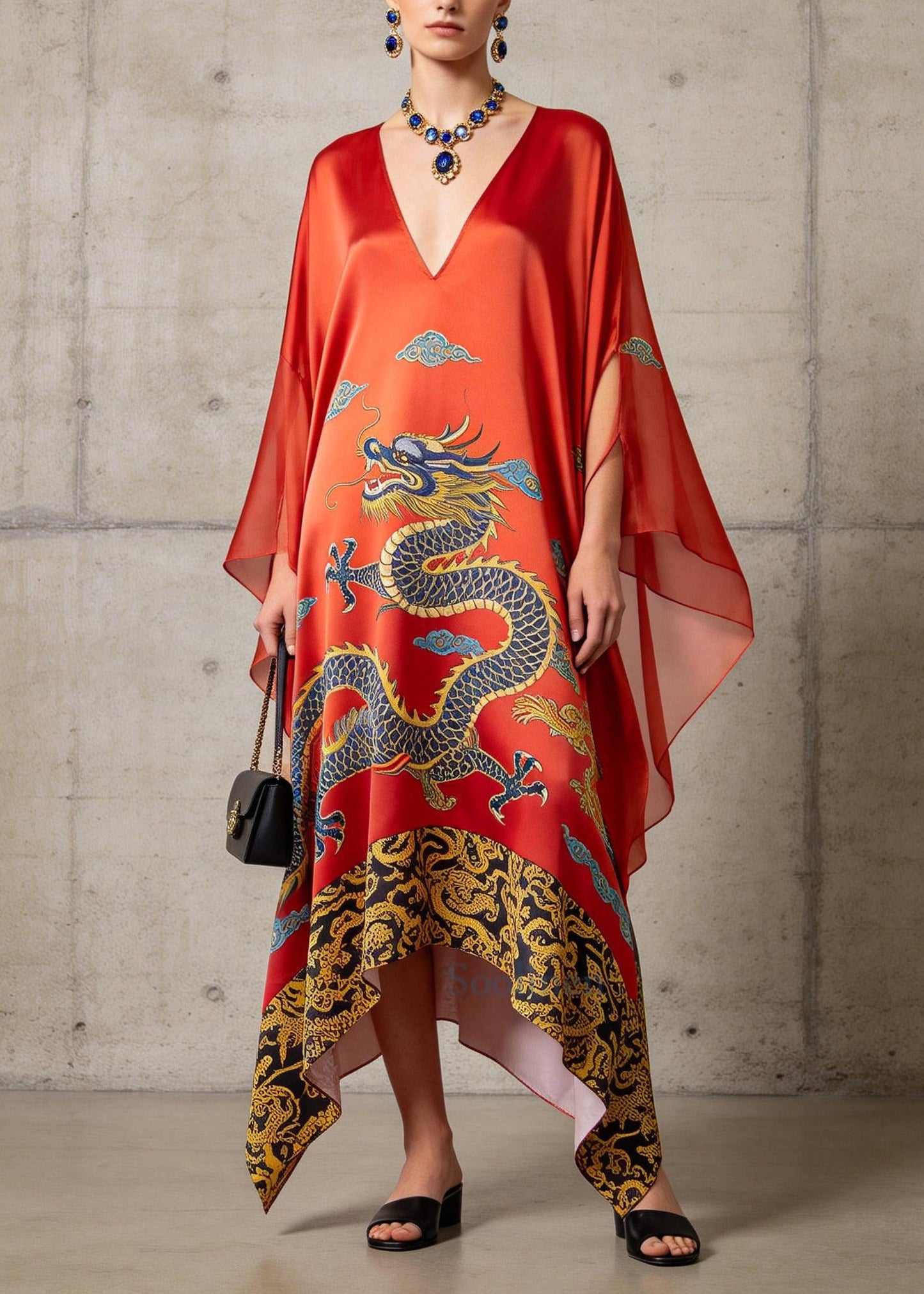 Women Red Oversized Print Silk Vacation Dresses Batwing Sleeve