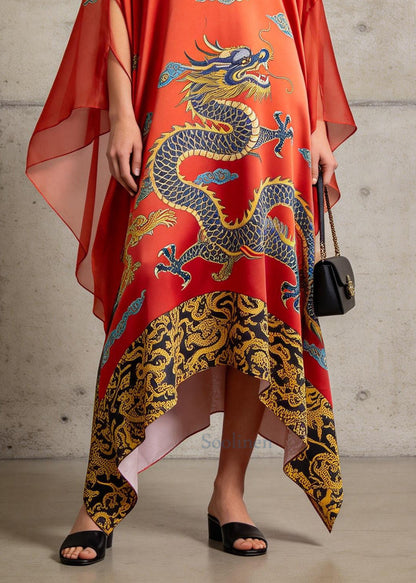 Women Red Oversized Print Silk Vacation Dresses Batwing Sleeve