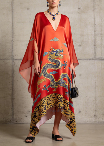 Women Red Oversized Print Silk Vacation Dresses Batwing Sleeve