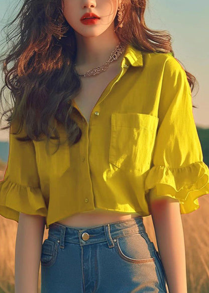 Damen-Kurzarmbluse aus Baumwolle mit rotem Peter-Pan-Kragen und ausgestellten Ärmeln