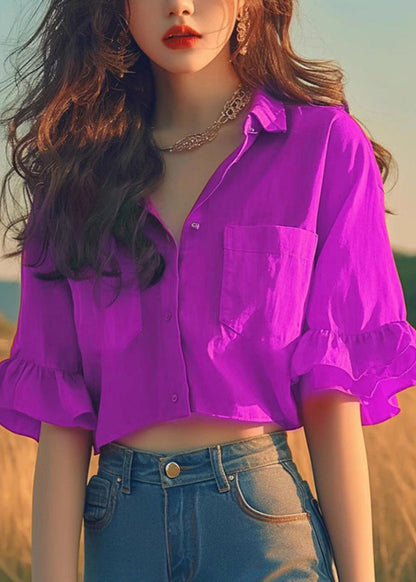 Damen-Kurzarmbluse aus Baumwolle mit rotem Peter-Pan-Kragen und ausgestellten Ärmeln