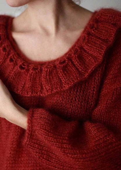 Damen-Strickpullover mit rotem Peter-Pan-Kragen, Oversize-Schnitt, Winter