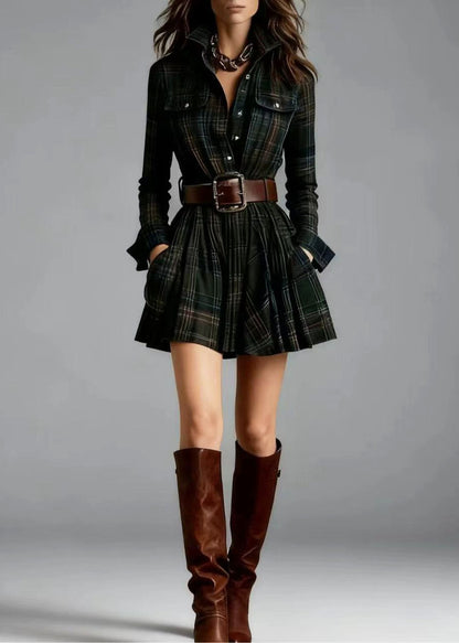 Women Red Peter Pan Collar Plaid Pockets Cotton Mini Dresses Long Sleeve