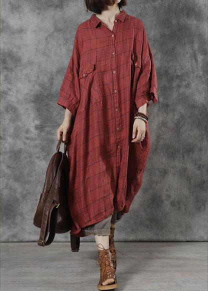 Women Red Plaid Pockets Patchwork Fall Three Quarter Sleeve Dresses - SooLinen