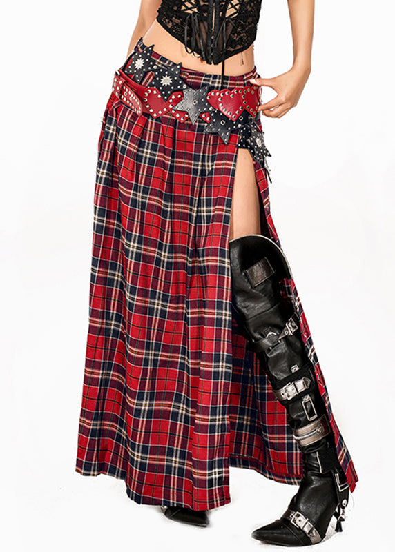 Women Red Plaid Side Open Maxi Skirts Summer