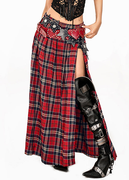 Women Red Plaid Side Open Maxi Skirts Summer