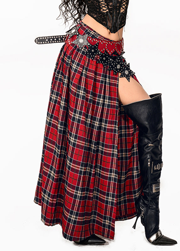 Women Red Plaid Side Open Maxi Skirts Summer
