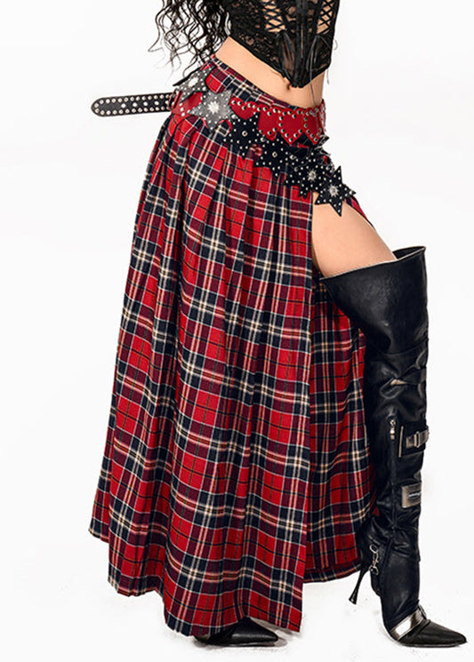 Women Red Plaid Side Open Maxi Skirts Summer