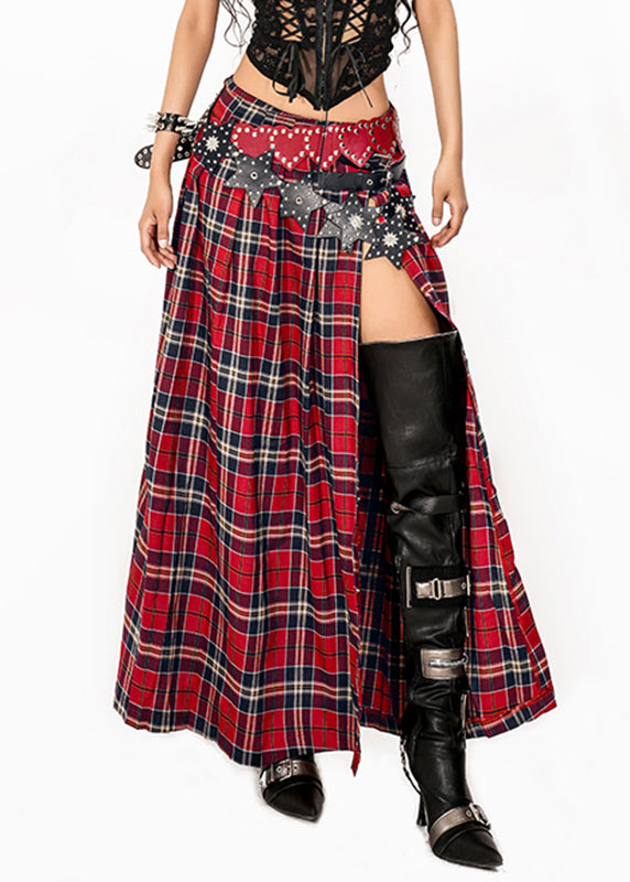 Women Red Plaid Side Open Maxi Skirts Summer