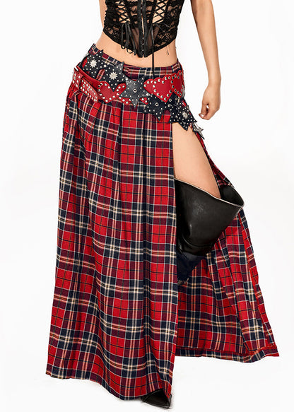 Women Red Plaid Side Open Maxi Skirts Summer
