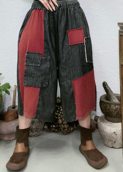 Pantalones vaqueros anchos de verano con bolsillos rojos y patchwork para mujer