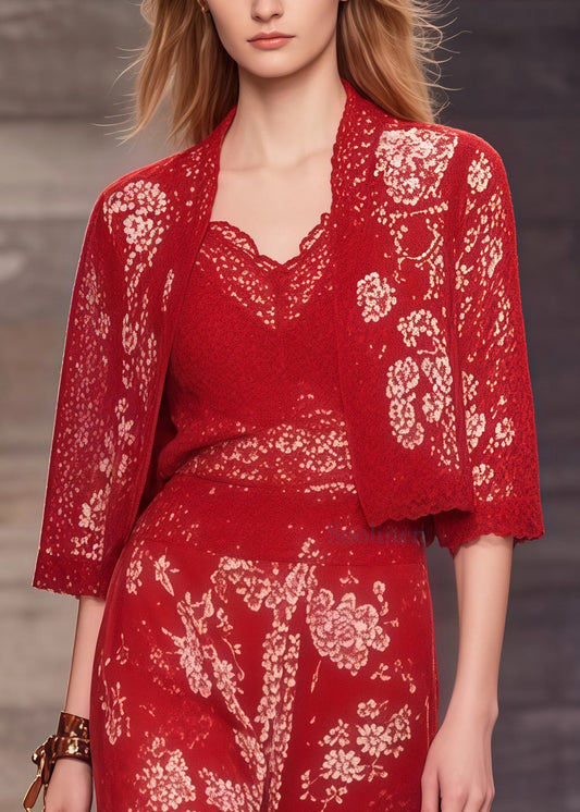 Women Red Print Lace Patchwork Spandex Two-Piece Set Summer