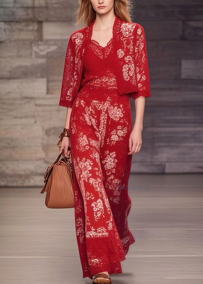 Women Red Print Lace Patchwork Spandex Two-Piece Set Summer