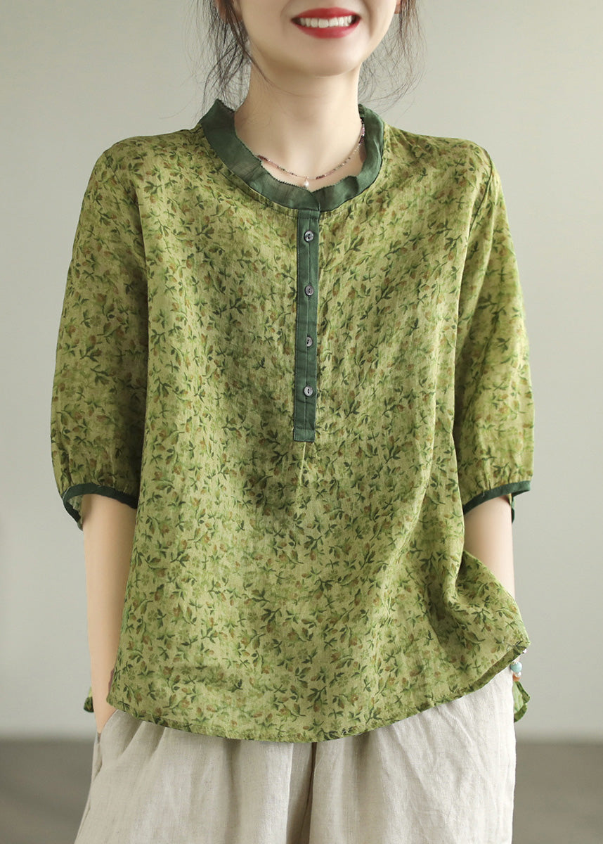 Frauen Rot Rüschen Print Button Low High Design Ramie Shirt Sommer