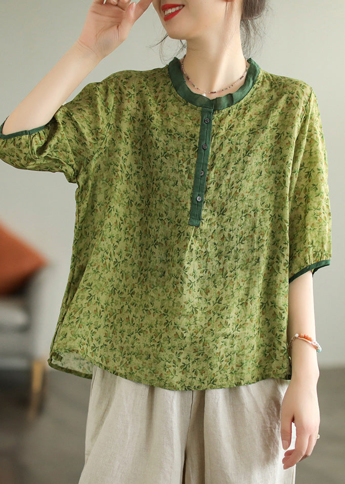 Frauen Rot Rüschen Print Button Low High Design Ramie Shirt Sommer