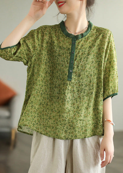 Frauen Rot Rüschen Print Button Low High Design Ramie Shirt Sommer