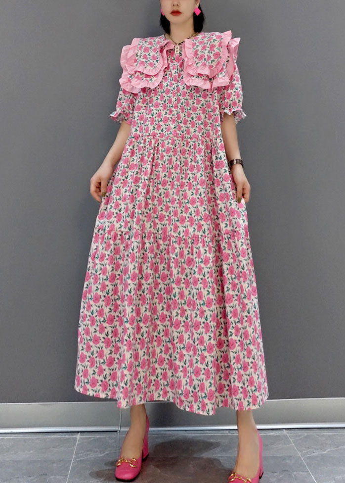 Frauen Rot Rüschen faltig lange Kleid Frühling