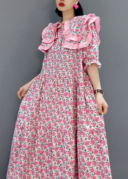 Frauen Rot Rüschen faltig lange Kleid Frühling