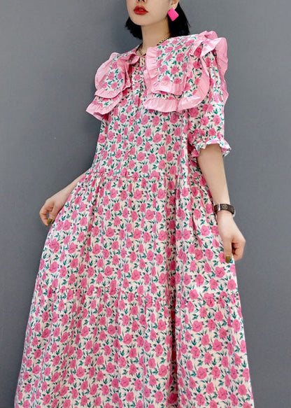 Frauen Rot Rüschen faltig lange Kleid Frühling