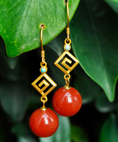 Pendientes colgantes de ágata y turquesa dorada de plata de ley roja para mujer
