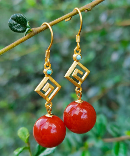 Pendientes colgantes de ágata y turquesa dorada de plata de ley roja para mujer