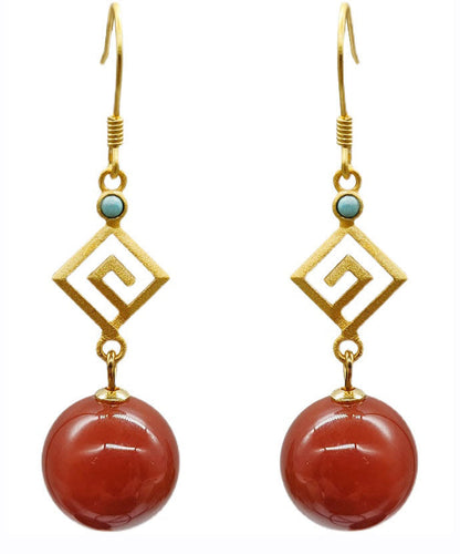 Pendientes colgantes de ágata y turquesa dorada de plata de ley roja para mujer