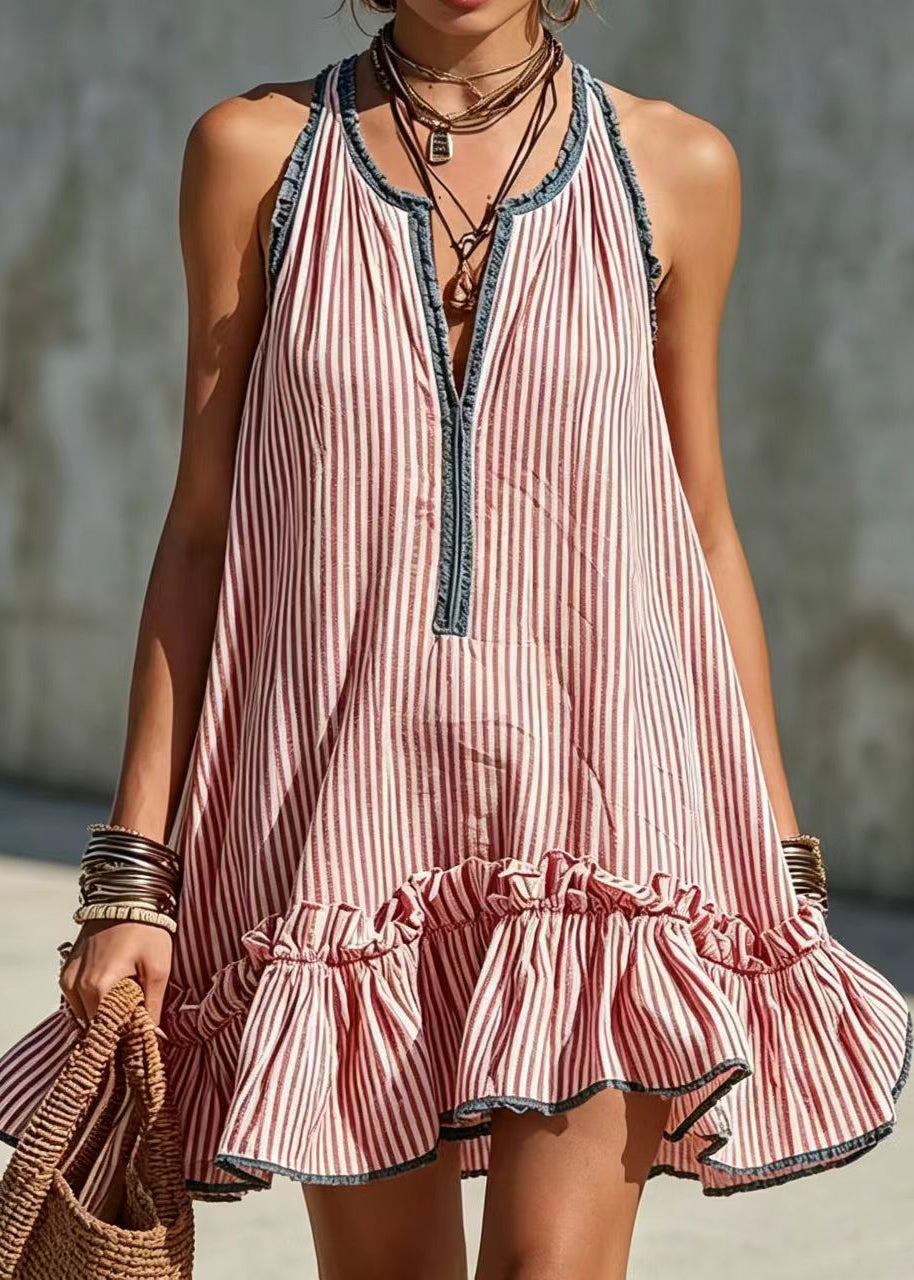 Women Red Striped Ruffled Cotton Mini Dress Sleeveless