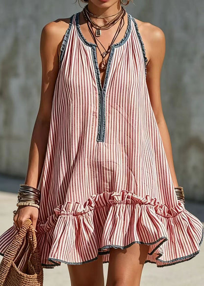 Women Red Striped Ruffled Cotton Mini Dress Sleeveless