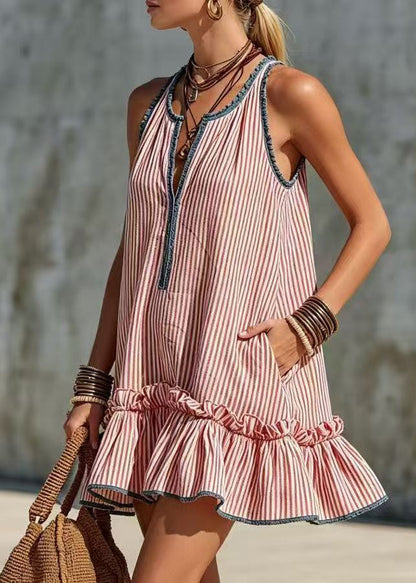 Women Red Striped Ruffled Cotton Mini Dress Sleeveless
