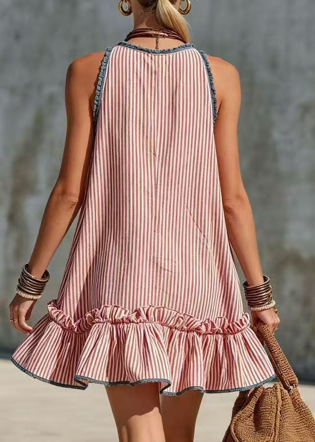 Women Red Striped Ruffled Cotton Mini Dress Sleeveless