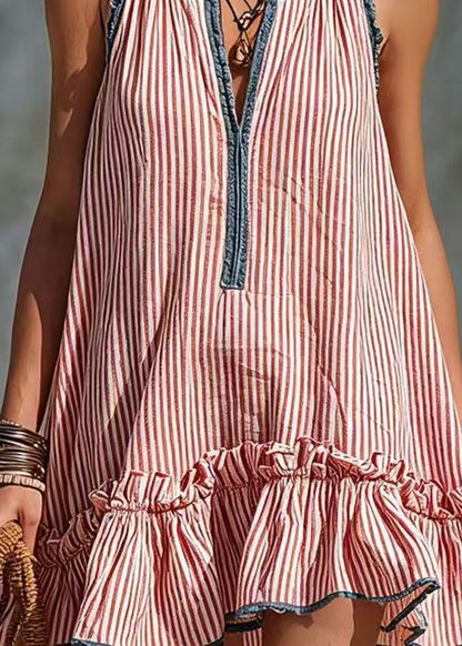 Women Red Striped Ruffled Cotton Mini Dress Sleeveless
