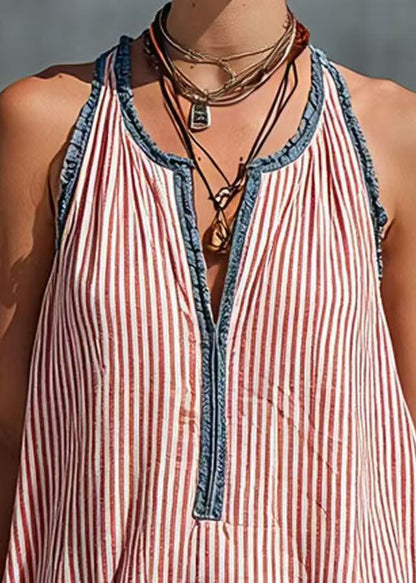 Women Red Striped Ruffled Cotton Mini Dress Sleeveless