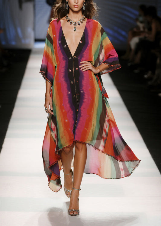 Women Red Tie Dye Draping Chiffon Vacation Dresses Summer