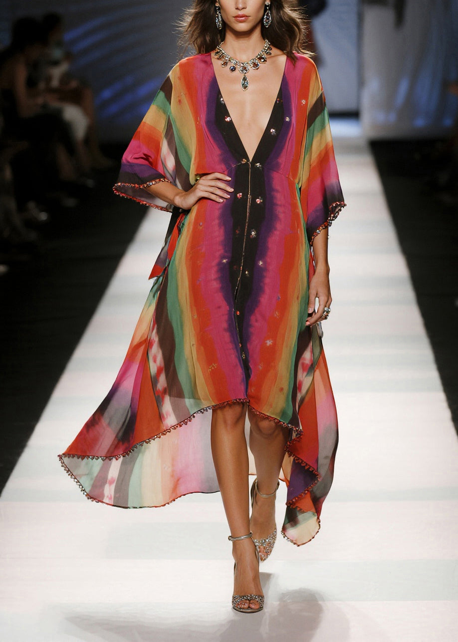 Women Red Tie Dye Draping Chiffon Vacation Dresses Summer