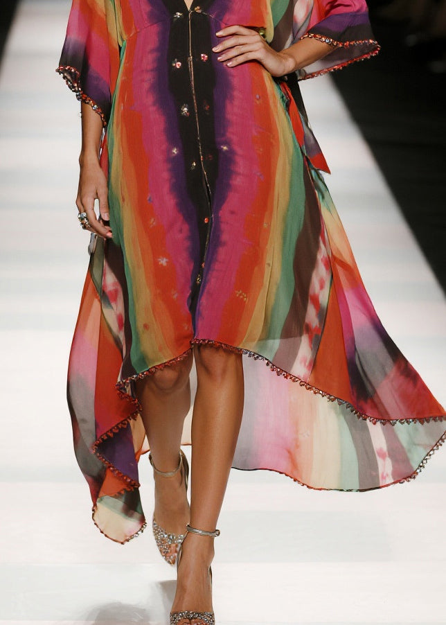 Women Red Tie Dye Draping Chiffon Vacation Dresses Summer