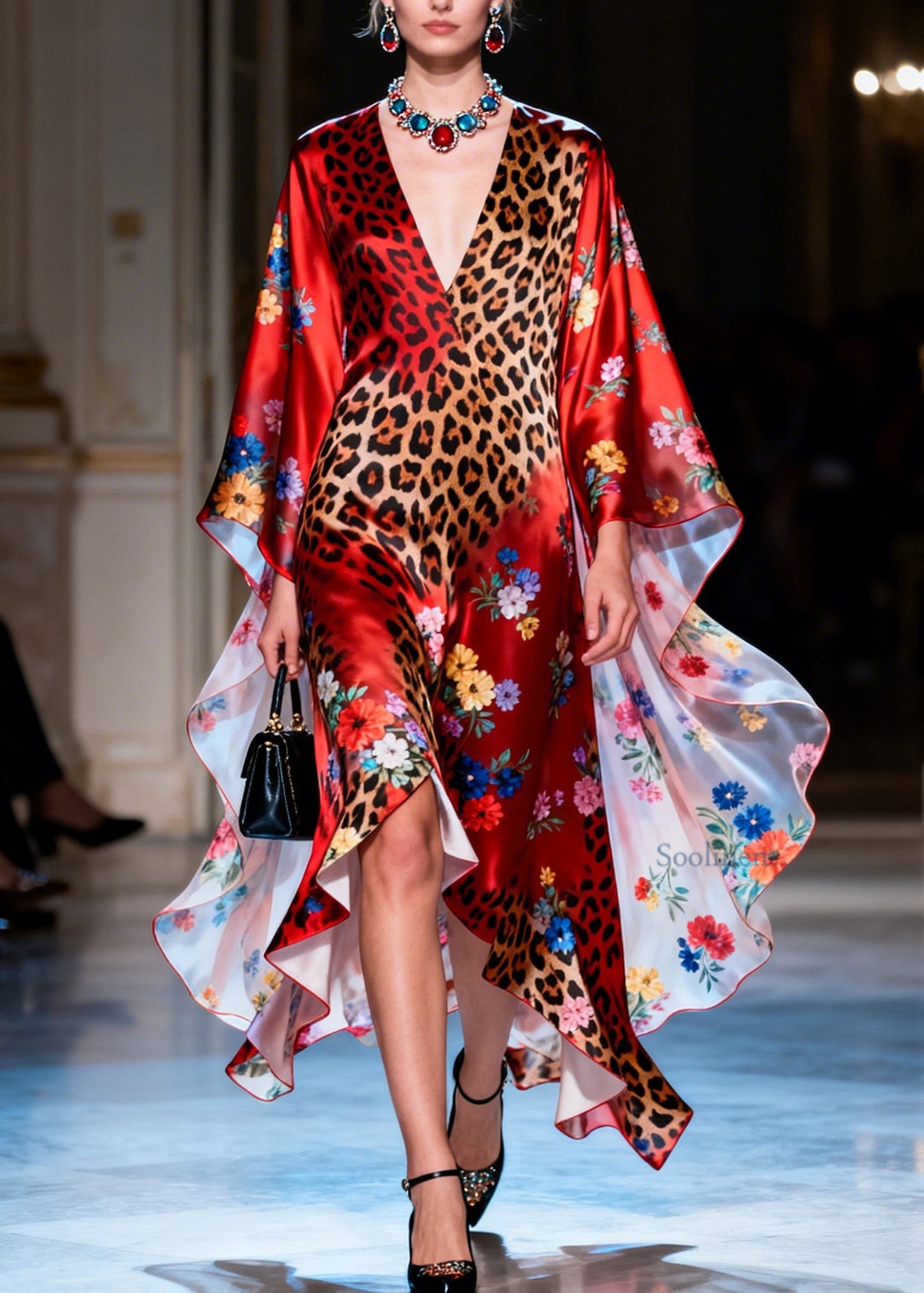 Women Red V Neck Asymmetrical Design Print Silk Dress Summer