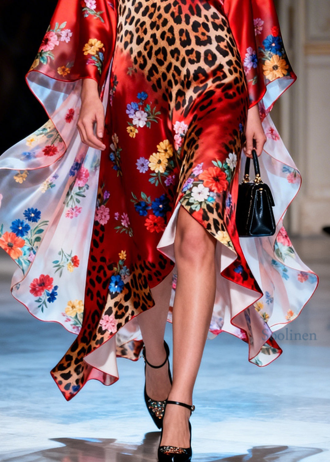 Women Red V Neck Asymmetrical Design Print Silk Dress Summer
