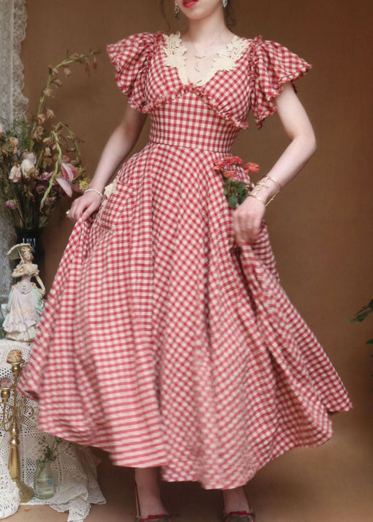 Frauen Rot V-Ausschnitt Plaid Rüschen Baumwolle Kleid Schmetterling Ärmel