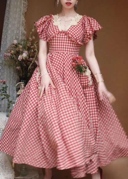 Frauen Rot V-Ausschnitt Plaid Rüschen Baumwolle Kleid Schmetterling Ärmel