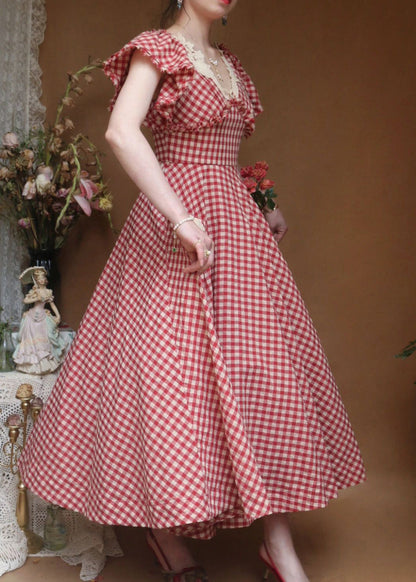 Frauen Rot V-Ausschnitt Plaid Rüschen Baumwolle Kleid Schmetterling Ärmel