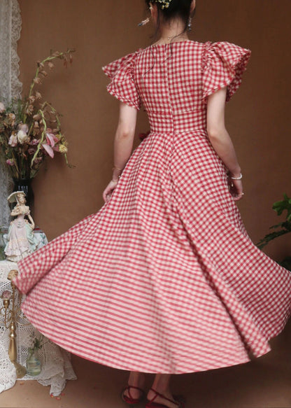 Frauen Rot V-Ausschnitt Plaid Rüschen Baumwolle Kleid Schmetterling Ärmel