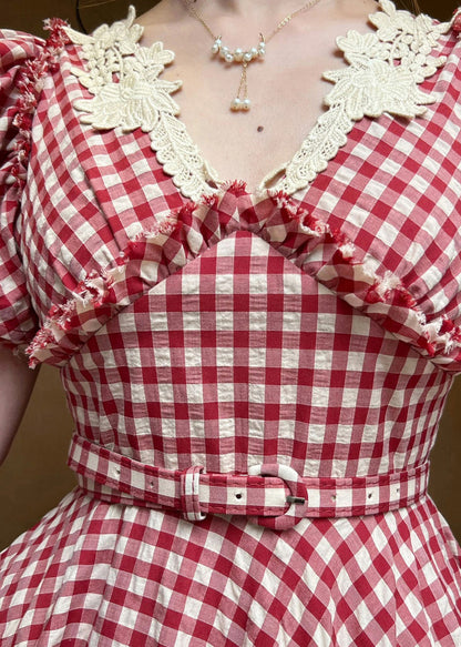 Frauen Rot V-Ausschnitt Plaid Rüschen Baumwolle Kleid Schmetterling Ärmel
