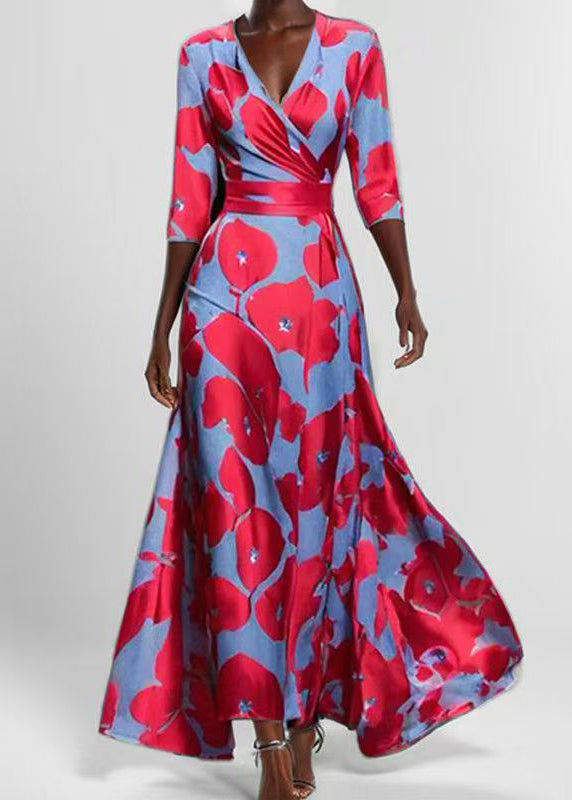 Women Red V Neck Print Exra Large Hem Maxi Dresses Half Sleeve