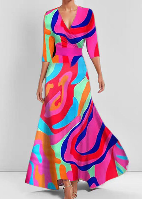 Women Red V Neck Print Exra Large Hem Maxi Dresses Half Sleeve