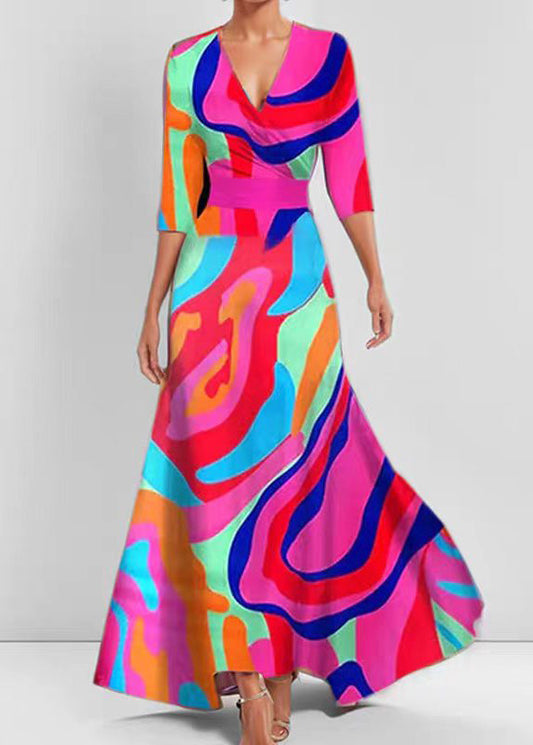 Women Red V Neck Print Exra Large Hem Maxi Dresses Half Sleeve