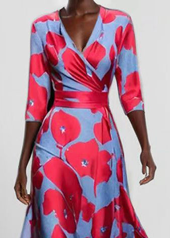Women Red V Neck Print Exra Large Hem Maxi Dresses Half Sleeve