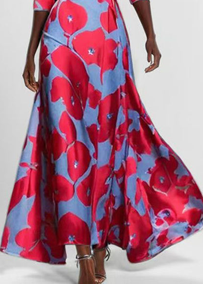 Women Red V Neck Print Exra Large Hem Maxi Dresses Half Sleeve
